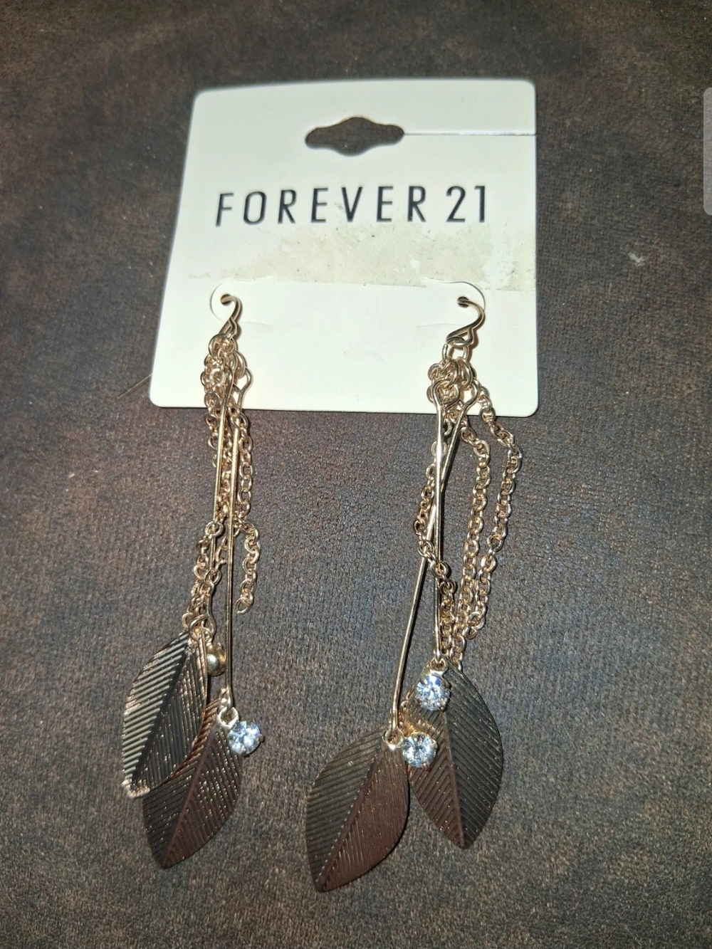 Forever 21 Gold Leaf Dangle Earrings with Crystal Accents